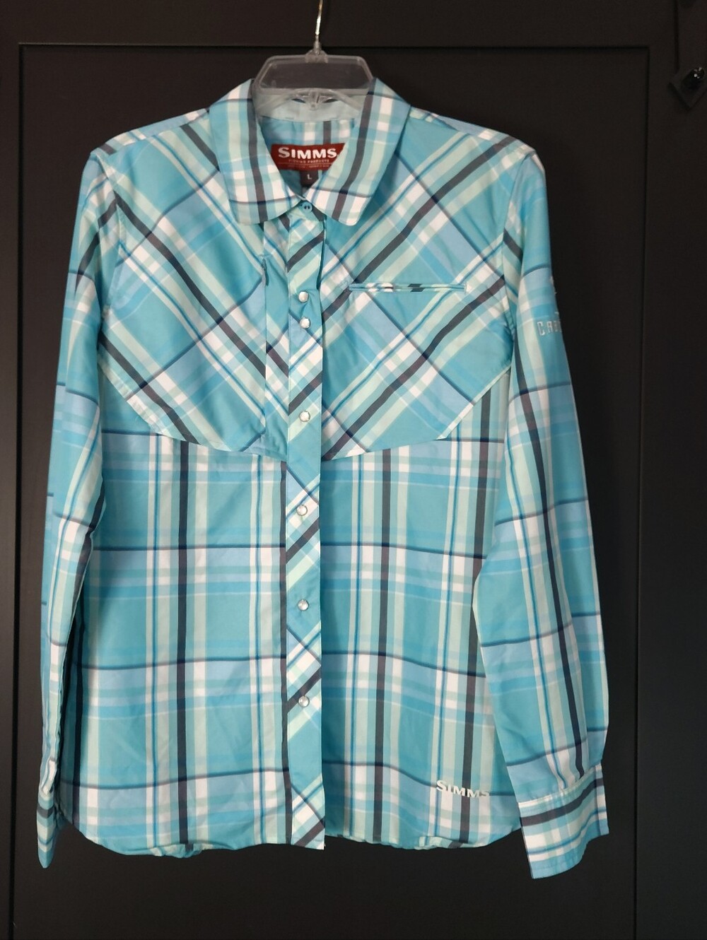 NWT Simms Big Sky Long Sleeve Plaid Shirt Women’s Large Turquoise Pearl Snap